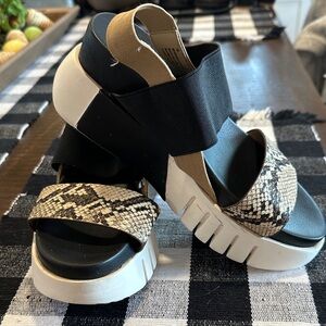 MIA Black and Tan Snake Print Sandals